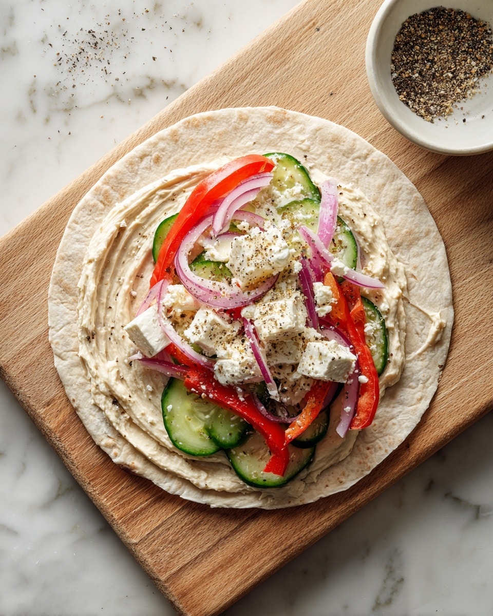 The image shows an open wrap with several colorful layers placed on a wooden cutting board over a white marbled surface. The first layer is a light beige creamy spread evenly swirled across the round wrap, leaving the edges clear. On top of this spread, there are thin slices of fresh cucumber with dark green edges, bright red strips of roasted pepper, and thin slices of purple onion. Over these, chunks of white crumbly cheese are sprinkled, along with a small amount of black pepper for seasoning. To the side, a white bowl with cracked black pepper is slightly visible. Photo taken with an iphone --ar 4:5 --v 7