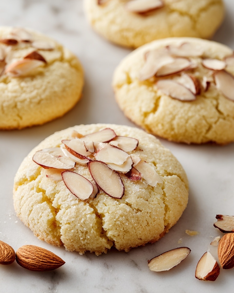 The image shows several round, light yellow cookies laid out on a white marbled surface. Each cookie has a soft texture with some cracks on the top, and is topped with thin, slightly browned almond slices scattered across the surface. The cookies are spaced apart from each other, with some almond slices also scattered around them on the surface. The overall look is bright and clean with a soft focus on the cookies. photo taken with an iphone --ar 4:5 --v 7