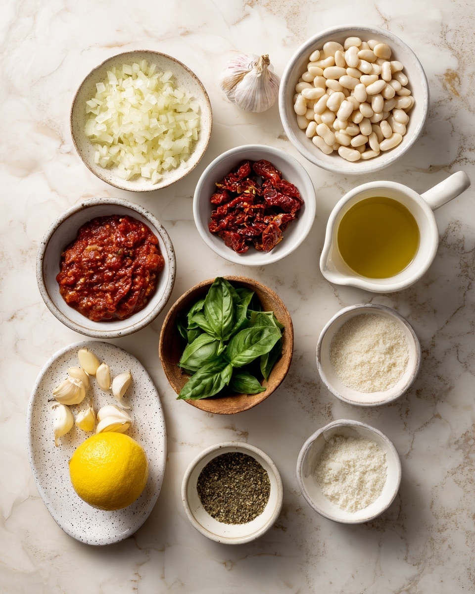 The image shows eleven small white bowls and one white plate, each with different ingredients arranged neatly on a white marbled surface. Starting from the top left, there is a bowl with finely chopped shallots, beside it on the right is a white plate full of white beans. Below the shallots is a bowl with a thick red tomato paste, next to it is a bowl containing sun dried tomatoes soaked in oil, and below that is a small bowl filled with red pepper flakes. On the right side, there's a pitcher with golden-colored stock placed next to a bowl holding mixed Italian seasoning. Slightly lower, a rounded wooden bowl is filled with bright green fresh basil leaves. Below the bowls, you see grated parmesan cheese in a bowl, beside it a bowl with coarse white salt, and next to it a bowl with black pepper powder. Near the bottom left, there is a speckled white oval plate with a halved lemon showing its yellow juicy inside, and at the bottom right corner, a bowl with garlic cloves. At the bottom left is a small bowl filled with rich heavy cream. All the containers and arrangement sit clearly on a white marbled textured surface. photo taken with an iphone --ar 4:5 --v 7