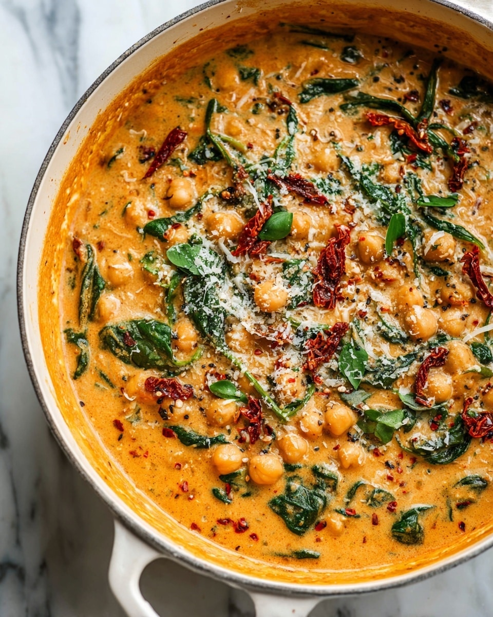 A close-up view of a creamy orange sauce with several layers of ingredients in a white pot with handles, sitting on a white marbled surface. The sauce has a thick texture with chickpeas spread throughout, and green spinach leaves mixed in. There are small pieces of sun-dried tomatoes and bits of red chili flakes sprinkled on top. The surface also shows a light sprinkling of grated cheese, with some whole spinach leaves garnishing the dish. Photo taken with an iphone --ar 4:5 --v 7