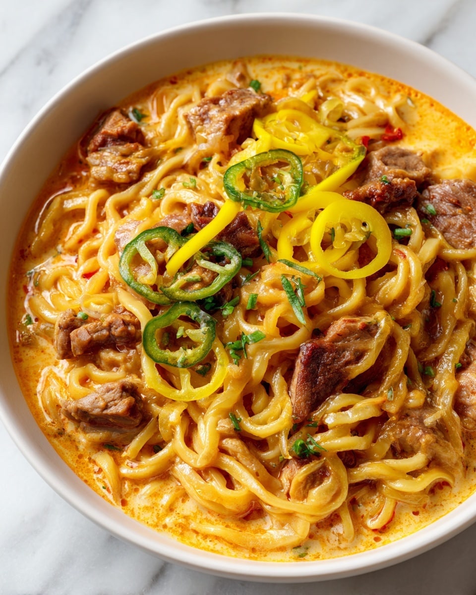 This is a thick creamy pasta dish inside a black slow cooker. The main layer is light orange creamy sauce mixed with flat, thin egg noodles that have a smooth, slightly shiny texture. There are chunks of light brown meat partially covered by the sauce. Bright yellow rings and slices of pepper add a pop of color on top. Small green herb pieces are scattered across the surface, adding freshness. The slow cooker edges are black and have some sauce marks, placed on a white marbled surface. Photo taken with an iphone --ar 4:5 --v 7