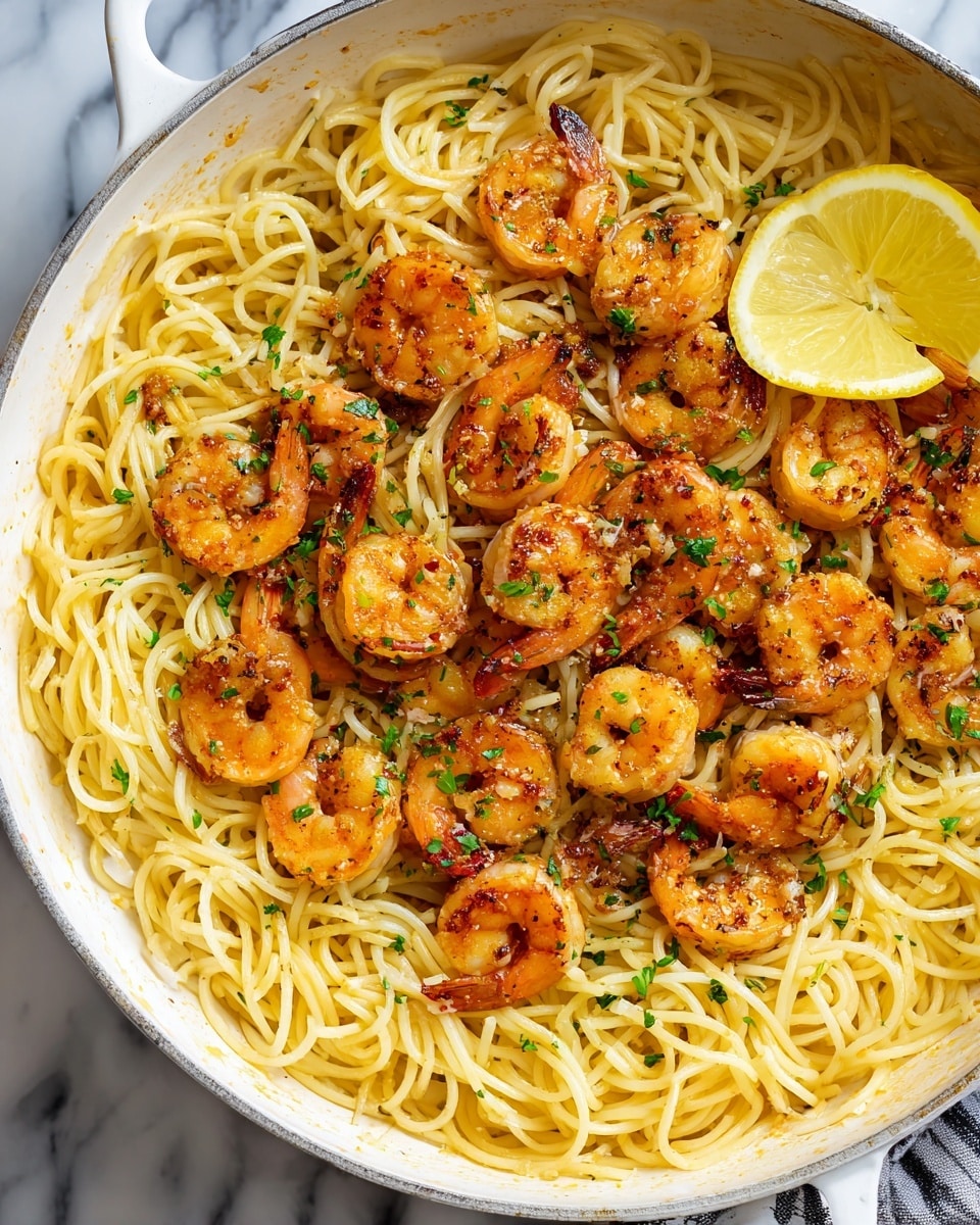 A large white pan filled with cooked spaghetti noodles forms the first layer, showing a light orange tint from sauce coating. On top of the noodles, a layer of cooked shrimp is arranged, with a slightly charred golden-orange color and small green herb bits sprinkled across them. A wedge of yellow lemon is placed on the right side, adding a bright contrast. The background is a white marbled surface, and the image is close-up, focusing mainly on the shrimp and noodles in the pan. photo taken with an iphone --ar 4:5 --v 7