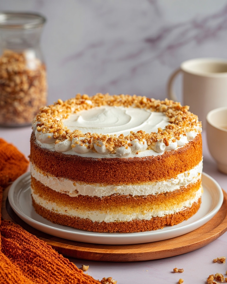 A round two-layer cake sits on a white plate over a wooden board, with one slice removed and placed slightly out from the cake. Each layer of the cake has a moist golden-brown texture with small dark flecks inside. The entire cake is covered with a thick, smooth white frosting layer, with some cake layers partially visible under a thin frosting layer on the sides. The top edge of the cake is decorated with a ring of finely chopped light brown nuts. The background features a white marbled surface with a half-cut orange fruit with black seeds on the side and a glass filled with milk in soft focus. A textured orange cloth is placed near the plate. photo taken with an iphone --ar 4:5 --v 7