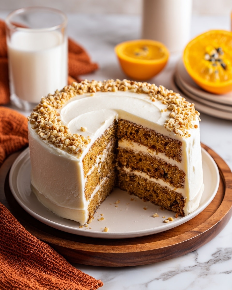 A close-up view of a slice of carrot cake showing three layers of moist, orange-brown cake dotted with small bits of walnut. Between each cake layer is a thick layer of smooth white cream cheese frosting. The top of the cake is covered in a thick, even layer of the same white frosting and sprinkled with small pieces of chopped walnuts. The slice is held by a woman’s hand on a shiny silver cake server. The cake is on a white cake stand with a wooden base, set on a white marbled surface with a soft white background. Photo taken with an iphone --ar 4:5 --v 7