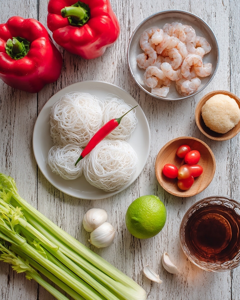 The image shows various fresh ingredients laid out on a wooden surface with a white marbled texture. Starting from the top left, there are two large red bell peppers. Below them is a white round plate with two nests of thin, white rice noodles, topped with a single red chili pepper. To the right is a small silver bowl filled with dried shrimp pieces. Next to it, further right, is a small wooden bowl containing a round, light beige item that looks like a dough ball. Below it, there is a bright green lime and scattered white garlic cloves. Near the lime and garlic are several small, shiny red grape tomatoes and a small red onion. At the bottom left corner, a silver bowl contains raw, peeled shrimp. In front of this bowl, there are fresh green celery stalks stretching across the lower part of the image. Near the celery, a glass with a dark amber liquid completes the layout. The scene captures a mix of vibrant colors and fresh textures, arranged neatly with natural light highlighting the ingredients clearly. photo taken with an iphone --ar 4:5 --v 7