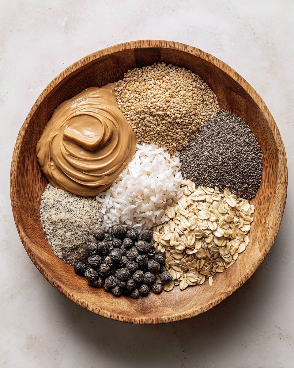 Inside a large wooden bowl, six sections of ingredients are neatly placed next to each other. Starting from the top left, a smooth light brown creamy spread sits with soft ridges. Next to it, a pile of tiny beige seeds rests with a rough texture. To the right, small black and white chia seeds create a bumpy surface. Below that, there is a mound of shredded toasted coconut with a mix of white and light brown colors, giving a dry and flaky look. Below the coconut, a bunch of small shiny black dried berries covered in a slight powdery coating fills the section. The last section at the bottom left shows light beige rolled oats with a rough, flat texture. The scene is set on a white marbled surface. photo taken with an iphone --ar 4:5 --v 7