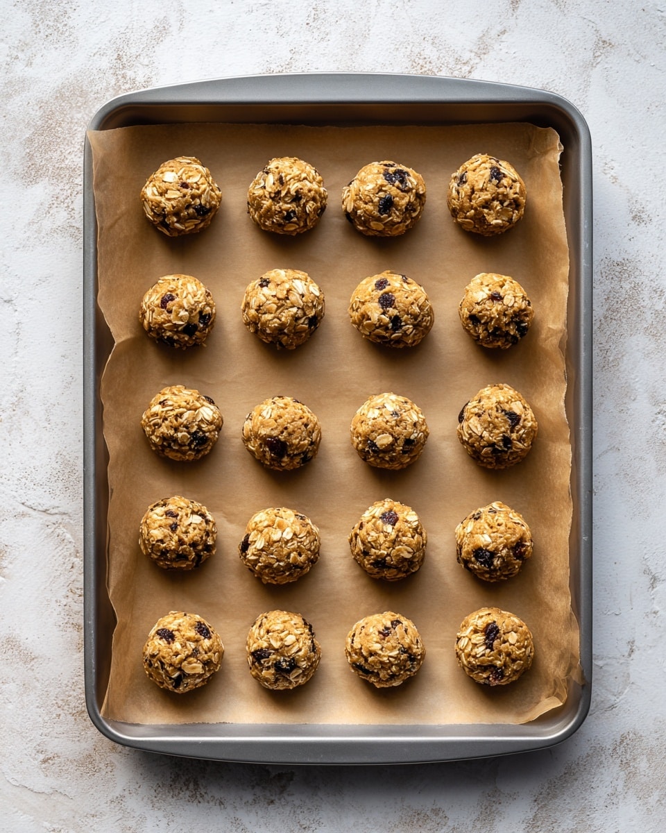 A gray baking tray lined with brown parchment paper holds fifteen small, round cookie dough balls. Each dough ball has a rough texture with visible oats and dark raisins mixed throughout. The dough balls are evenly spaced in a 3 by 5 grid on the tray, with their warm beige and light brown colors contrasting against the parchment paper. The scene is viewed from above, showing the whole tray centered on a white marbled surface. Photo taken with an iphone --ar 4:5 --v 7