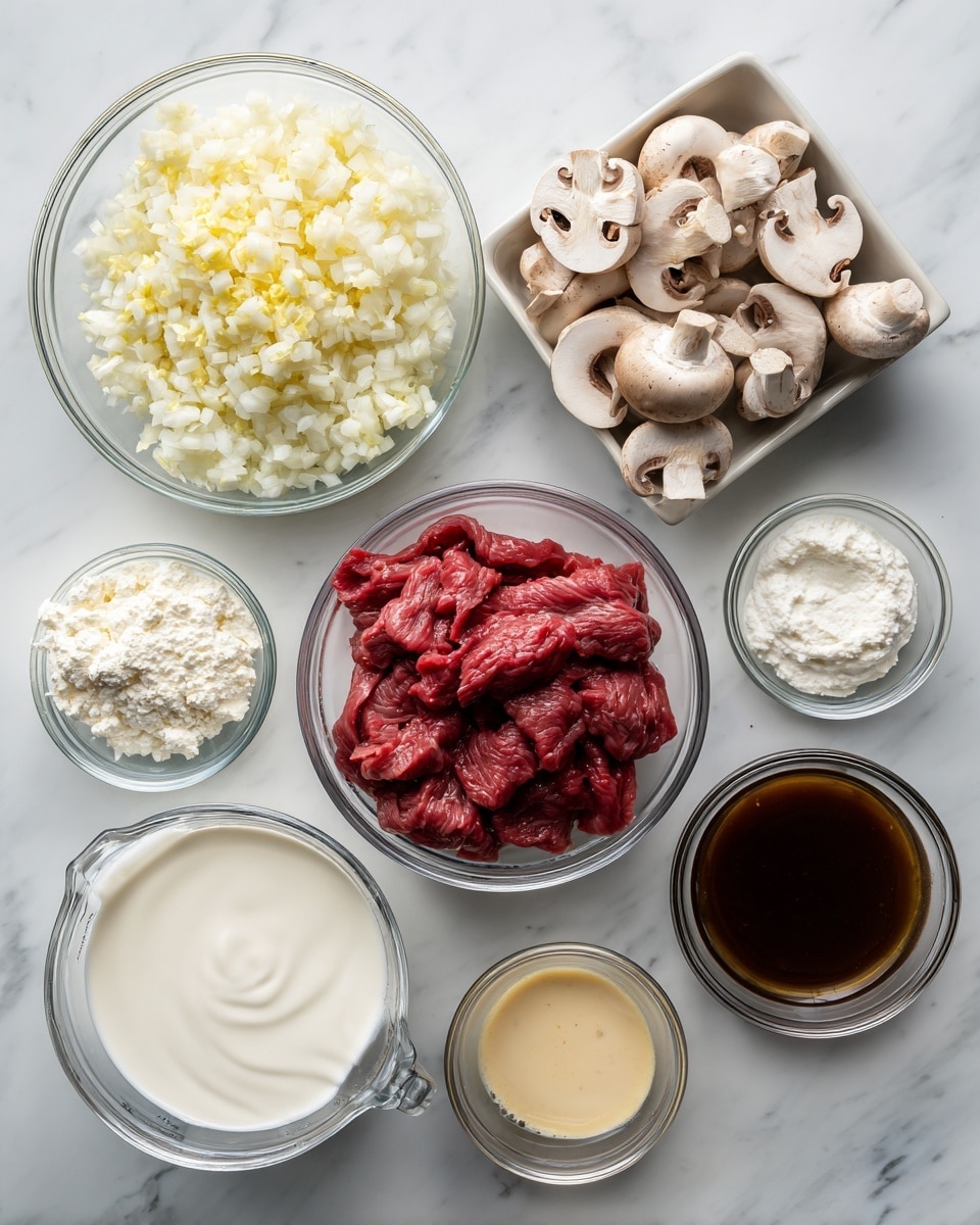The image shows clear glass bowls placed on a white marbled surface, each holding different ingredients for cooking. Starting from the top left, there is a bowl filled with finely chopped onion and garlic, all white in color with tiny bits of yellow in the center. To the right, a square bowl contains fresh brown mushrooms that are sliced, showing white inside and dark brown gills. Below the onion and garlic bowl, there is a large round bowl filled with bright red top sirloin steak pieces, thinly sliced into strips. Moving right, a measuring cup holds thick white heavy cream. Below the mushrooms and heavy cream, small bowls contain white flour and white sour cream. Below the sour cream, two small clear bowls are visible with one having a pale-colored paste and the other dark brown sauce mixed with Dijon mustard. Lastly, at the bottom right, a medium bowl contains dark beef broth with a slightly oily surface. The setup is neat with each ingredient clearly visible. Photo taken with an iphone --ar 4:5 --v 7