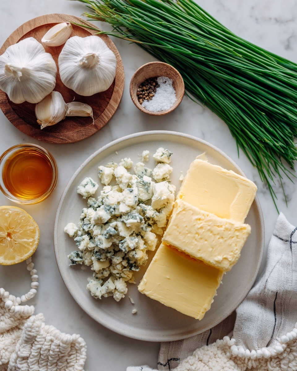 The image shows a flat white plate on a white marbled surface with a lemon cut in half placed to the left. On top of the plate, there are two layers: a block of yellow butter on the right side, and crumbly white cheese with blue veins piled on the left side. Above the plate, there is a bunch of fresh green chives lying on a light cloth with blue stripes. To the upper left of the plate, there is a wooden trivet holding a whole garlic bulb and three peeled garlic cloves. Next to the garlic, a small glass bowl contains half salt and half ground black pepper. A small bowl of honey is seen at the top right corner of the image. A white beaded necklace and a knitted cream-colored cloth are part of the setting. Photo taken with an iphone --ar 4:5 --v 7