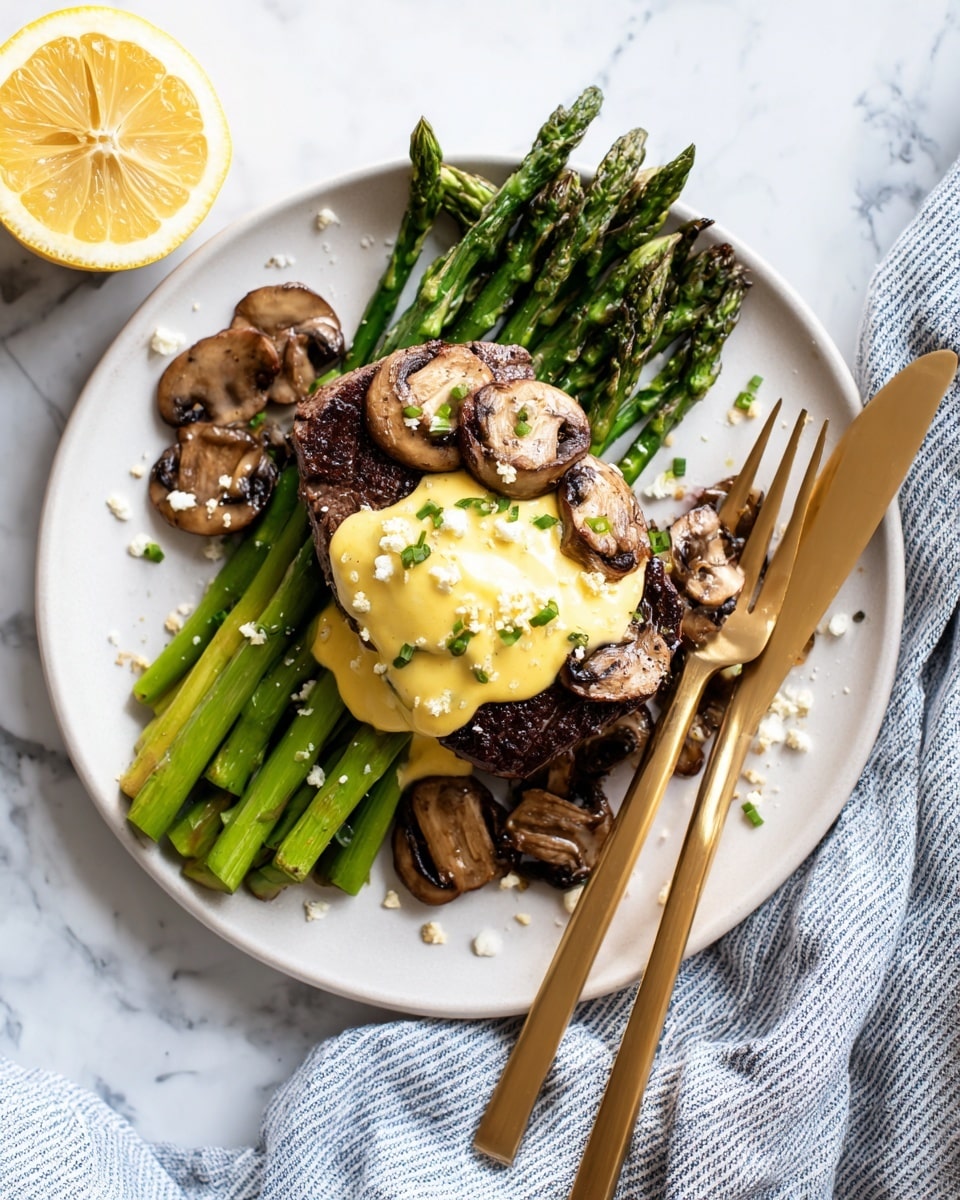The dish shows three layers on a white plate: a bottom layer of bright green asparagus spears laid out side by side, a middle layer of browned, sautéed mushroom slices arranged on top of the asparagus in a semi-circle, and a thick, dark brown grilled steak placed on the mushrooms. On top of the steak is a light yellow creamy sauce with small white and green bits sprinkled over it. Around the plate are scattered small white crumbs and tiny green pieces. To the left side of the plate is a half lemon showing its inner texture. A woman’s hand holds a golden fork and knife on a white marbled surface with a soft blue-striped cloth nearby. Photo taken with an iphone --ar 4:5 --v 7