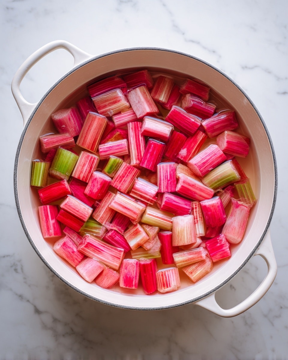 A white pot filled with many small pieces of rhubarb submerged in clear water. The rhubarb pieces are mostly pink and red with some light green and white parts, showing their natural stripes and a firm texture. The pot sits on a white marbled surface, and both handles of the pot are visible on the sides. The scene is bright and clean, focusing on the fresh rhubarb in water. photo taken with an iphone --ar 4:5 --v 7