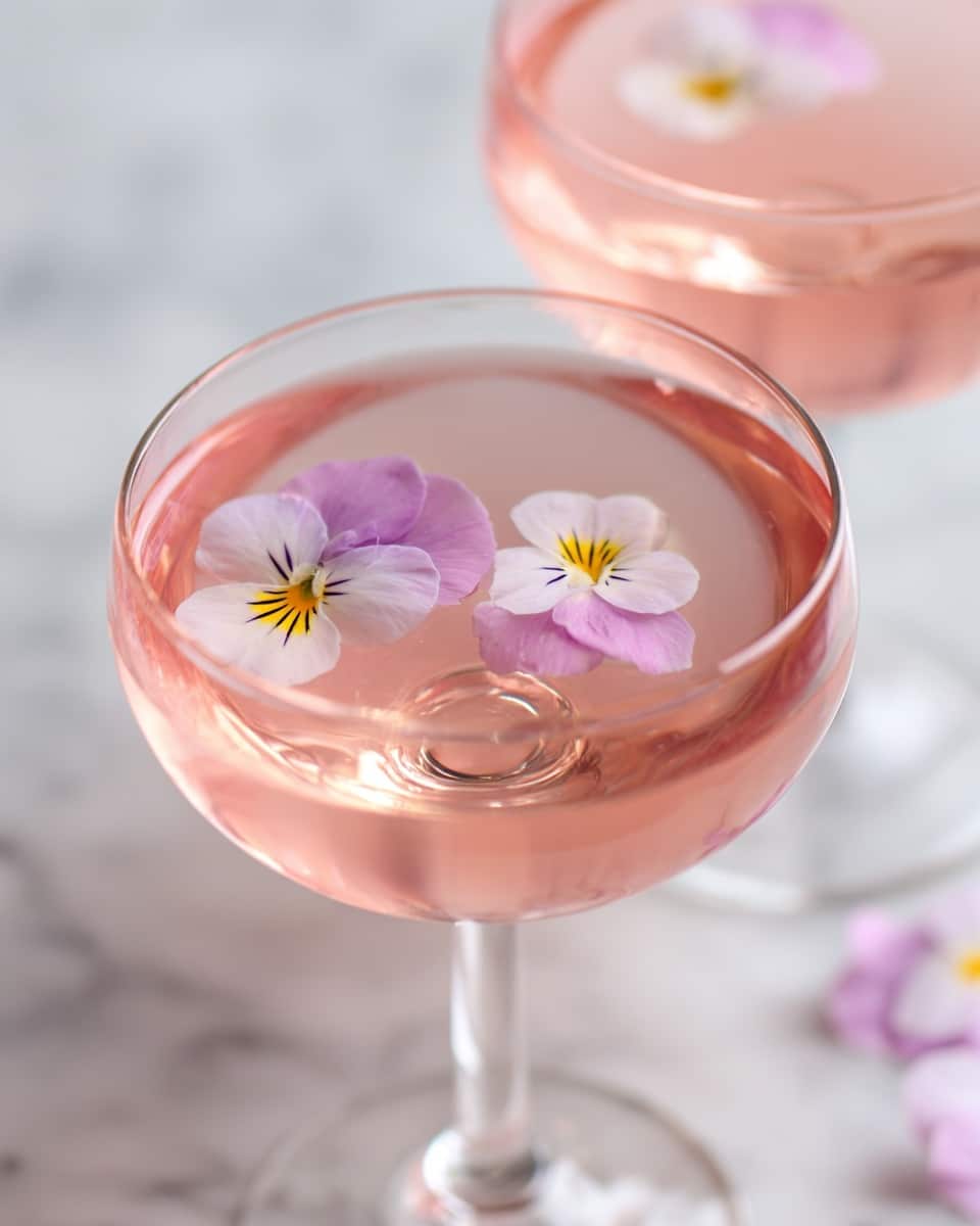 Two clear glass coupe glasses are filled with a smooth, pale pink liquid that looks light and refreshing. One glass is in the front and filled to the top, showing two small, delicate white flowers with purple and yellow centers floating gently on the surface. The second glass is slightly blurred in the background, also with the same pink liquid but no flowers. Both glasses sit on a white marbled surface, giving a fresh and clean feel to the image. The focus is sharp on the front glass, highlighting the soft pink color and the delicate floral decoration. photo taken with an iphone --ar 4:5 --v 7