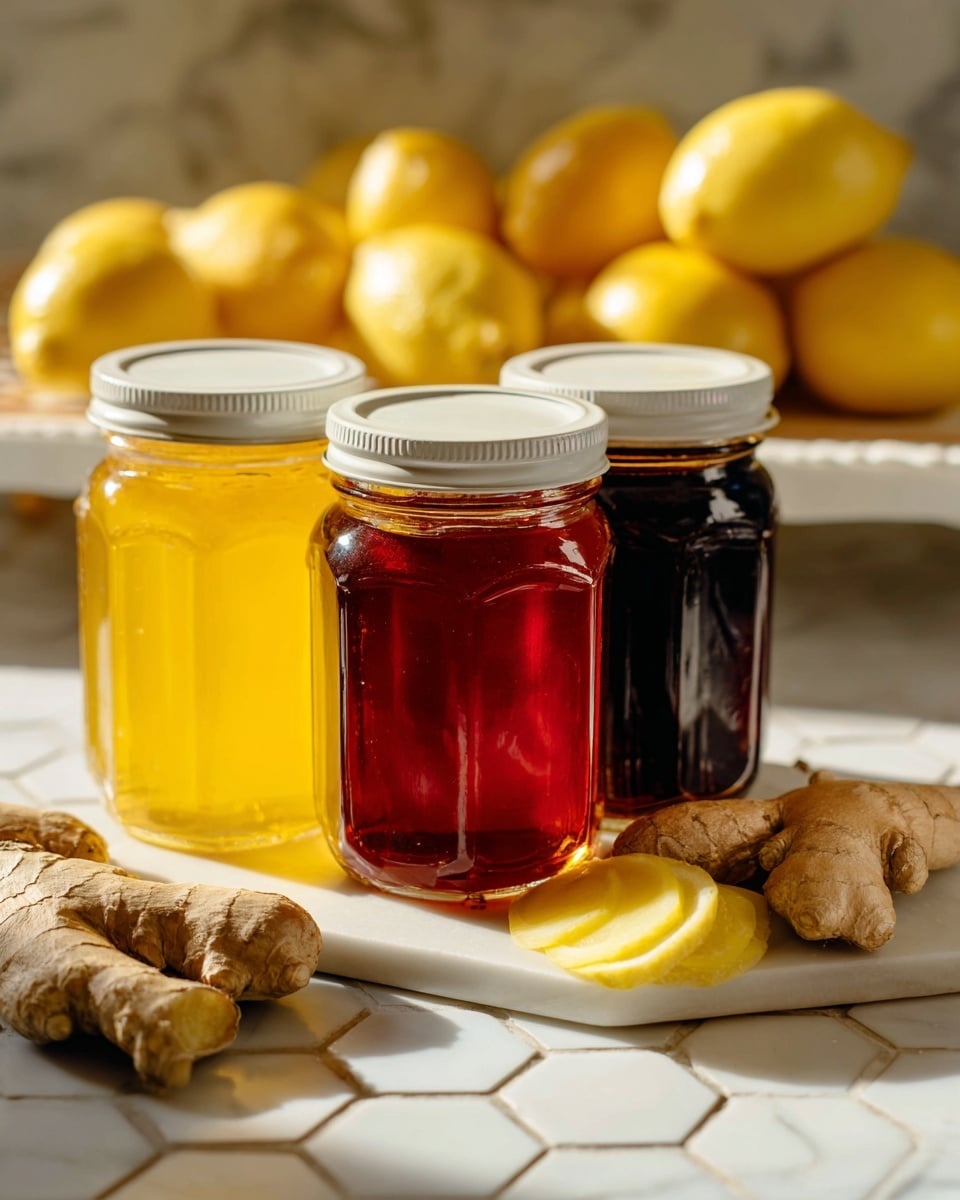 Four clear glass jars filled with bright yellow liquid stand on a white marbled surface. Each jar is topped with a white ribbed lid. In soft focus behind the jars, there are yellow lemons and slices of ginger root with a light brown, rough skin and fibrous yellow inside laying near the jars. The image is close-up, showing smooth, glossy texture of the liquid inside the jars and creating a fresh, vibrant feeling. photo taken with an iphone --ar 4:5 --v 7