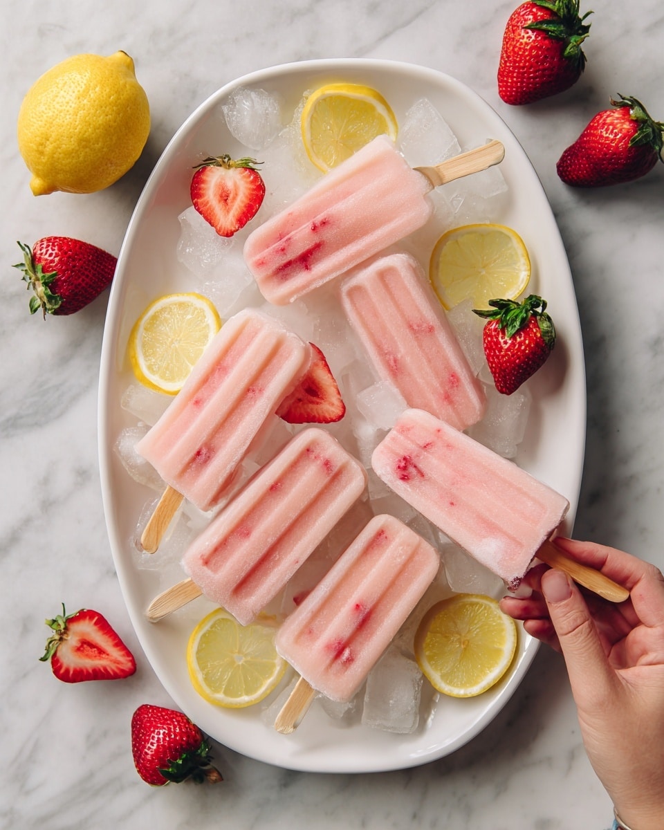 The image shows six light pink ice pops with small red strawberry pieces inside, placed on ice cubes in a white oval dish. Around the ice pops are yellow lemon slices and whole strawberries, as well as a half strawberry on the side. One ice pop is held by a woman's hand in the middle of the dish. The white oval dish rests on a white marbled surface. photo taken with an iphone --ar 4:5 --v 7