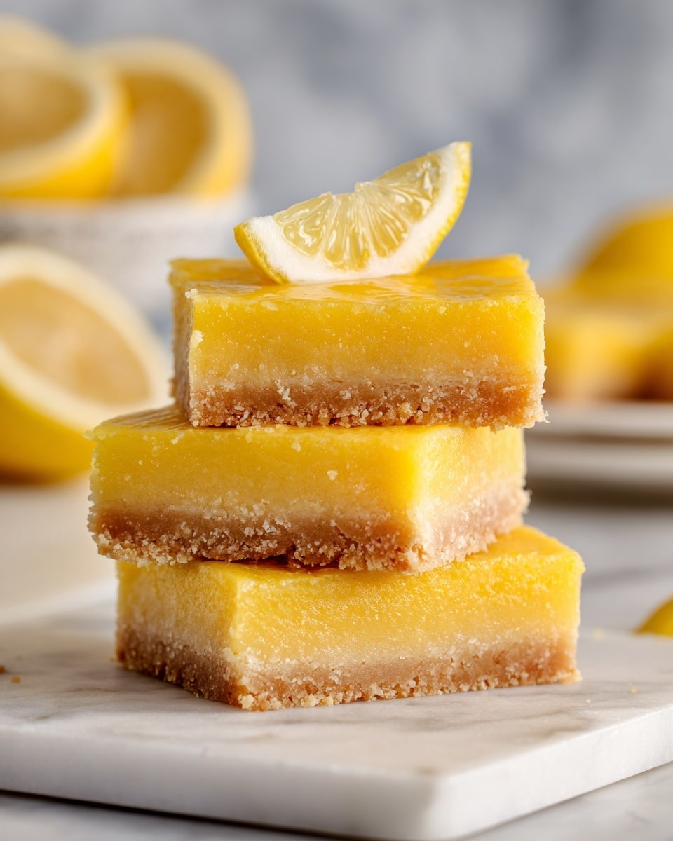 A close-up of a stack of three lemon bars on a white marbled surface. Each bar has two layers: a thick, crumbly light brown crust at the bottom and a smooth, glossy, bright yellow lemon layer on top. A thin slice of lemon with visible segments and a slightly shiny texture rests on the top lemon bar. In the background, blurred lemon halves and white plates add depth to the scene. Photo taken with an iphone --ar 4:5 --v 7