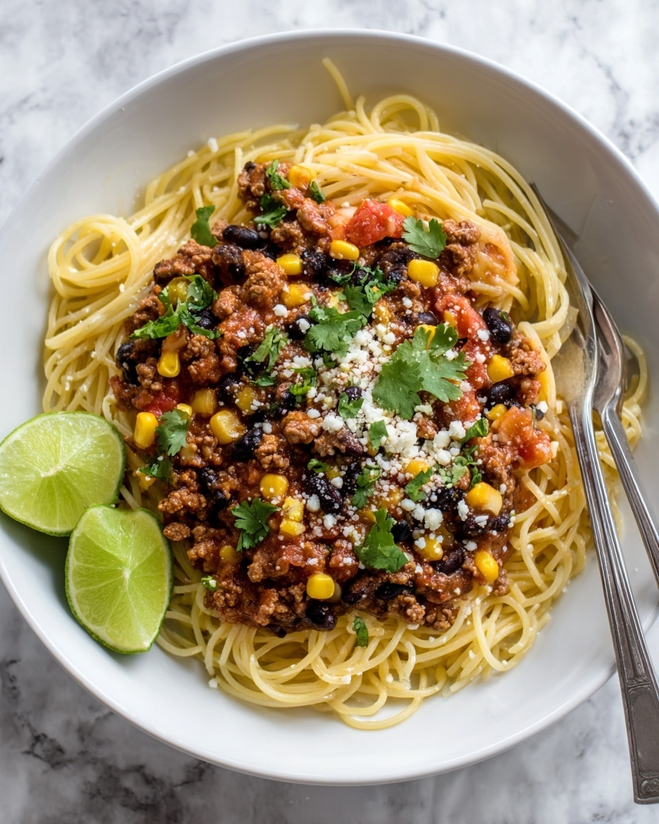 The dish shows a white plate filled with a base layer of cooked spaghetti noodles, pale yellow and slightly shiny. On top of the noodles is a thick layer of chili with ground meat, black beans, yellow corn, and red tomato chunks mixed together. Scattered on the chili are small white cheese crumbles and fresh green cilantro leaves. Two silver forks rest on the right side of the plate, partially embedded in the chili and noodles. In the bottom left corner of the plate, there are two bright green lime wedges. The background is a white marbled surface. Photo taken with an iphone --ar 4:5 --v 7