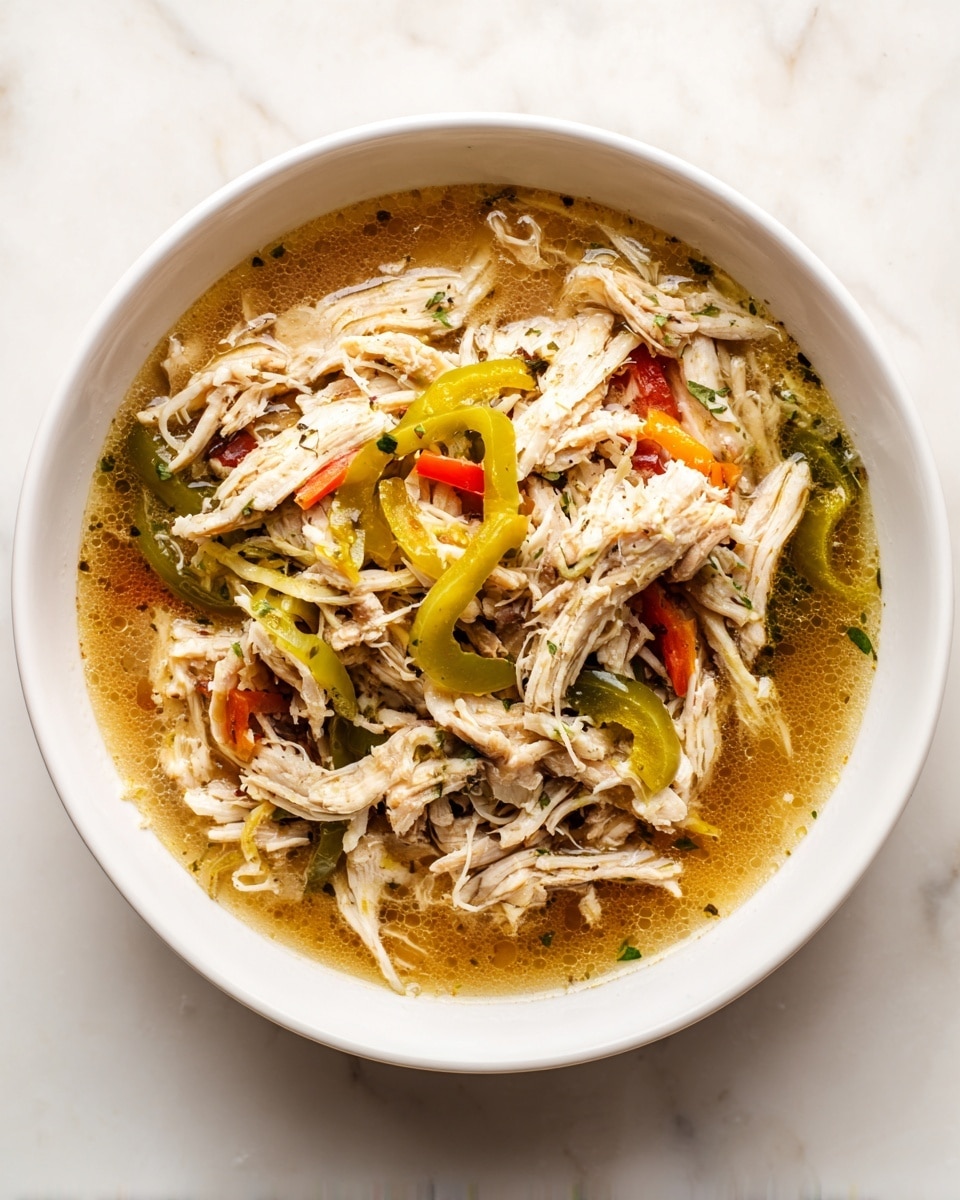 Inside a white bowl, there are several layers of food. At the bottom, dark brown liquid and pieces of dark meat are partially visible. On top of the meat, there are four small squares of light yellow butter evenly spaced. Covering these squares and parts of the meat are thin, curly slices of bright yellow-green pickled peppers. The bowl sits on a white marbled surface. photo taken with an iphone --ar 4:5 --v 7