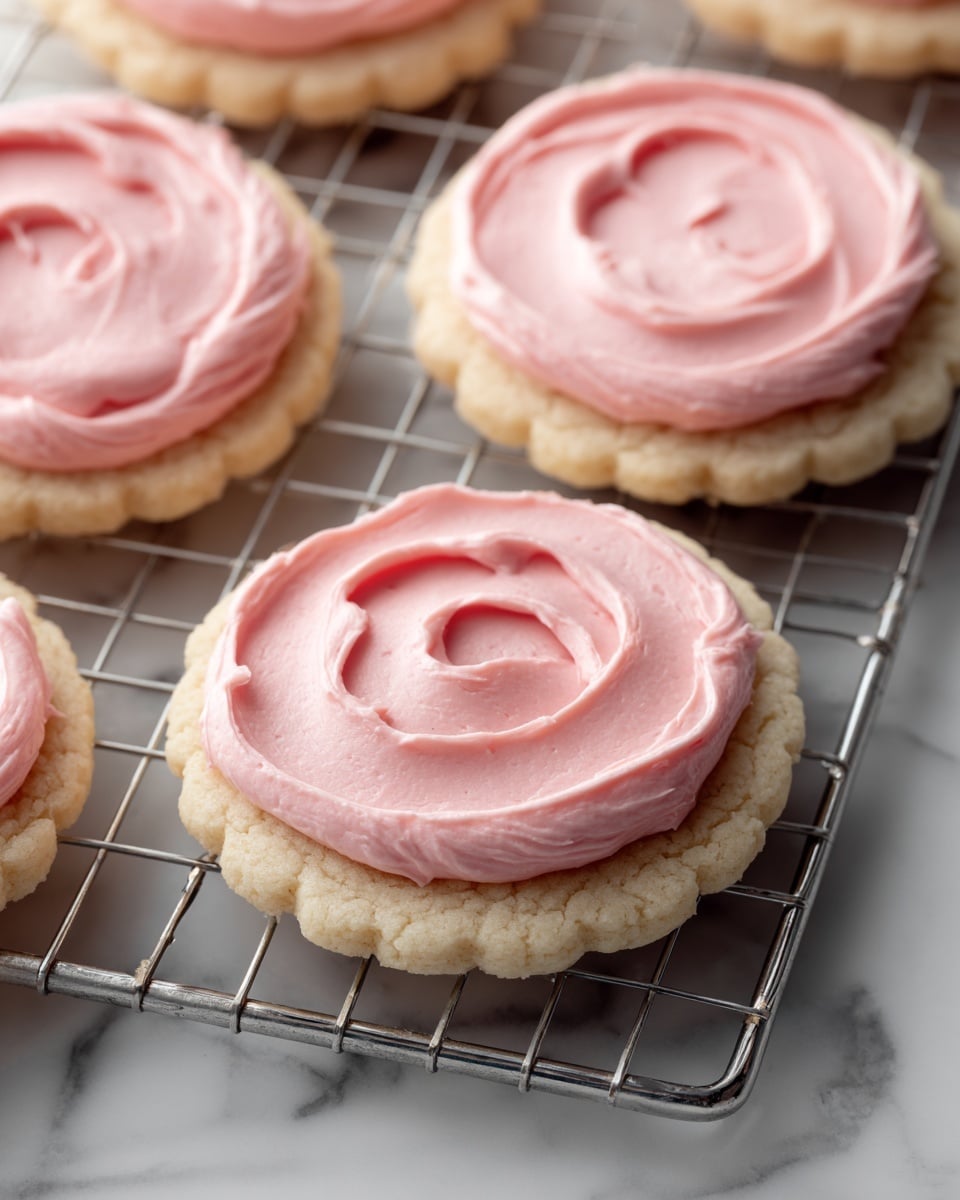 The image shows several soft, round cookies with scalloped edges on a silver wire cooling rack placed on a white marbled surface. Each cookie has one layer of light beige base with a slightly crumbly texture and one layer of smooth, creamy light pink frosting spread evenly on top. The frosting has gentle swirls that give a soft, whipped appearance. The cookies are spaced out on the rack, filling the frame mostly with the top view of the cookies and the grid pattern of the rack behind them. photo taken with an iphone --ar 4:5 --v 7