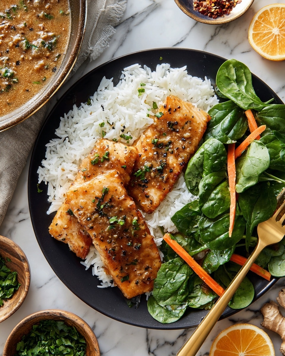 A black plate holds a serving of white steamed rice on the left side, topped by two pieces of browned, glossy fish fillet sprinkled with green herbs and black pepper. To the right of the rice and fish is a fresh salad made of dark green spinach leaves and thin orange carrot strips. A gold fork rests on the right edge of the plate. Around the plate, there is a white marbled surface with a pan containing two more pieces of fish in brown sauce at the bottom left, a small bowl with chopped green herbs on the bottom right, and some orange slice and ginger pieces near the plate. photo taken with an iphone --ar 4:5 --v 7