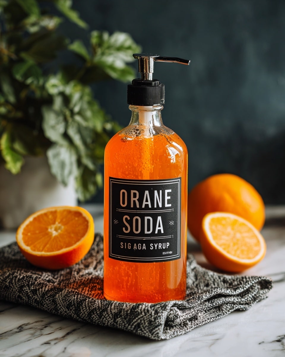 A clear glass bottle filled with bright orange syrup takes center stage, topped with a black pump dispenser. The label on the bottle has three rows of black tape with white capital letters that read