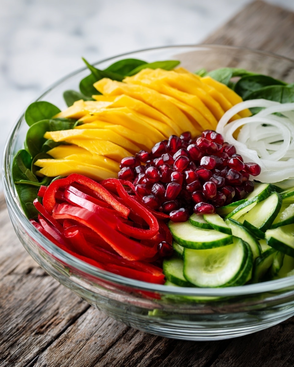 A clear glass bowl holds five distinct layers of fresh salad ingredients arranged side by side. The base layer is dark green spinach leaves that fill the entire bowl, topped with bright yellow mango slices neatly stacked on one side. Next to the mango, there is a cluster of shiny, deep red pomegranate seeds. Beside those, thin rings of white onion spread out, leading to a pile of long, thin red bell pepper strips. Finally, fresh green cucumber slices with darker green skin fill the remaining section of the bowl. The bowl sits on a rustic dark wooden surface, but the background is changed to a white marbled texture. Photo taken with an iphone --ar 4:5 --v 7