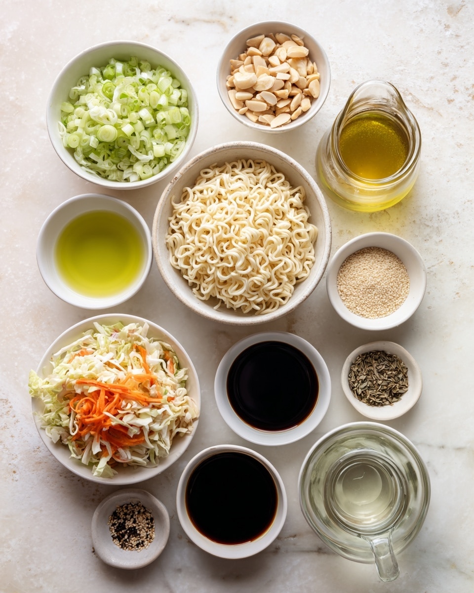 A flat lay image shows 12 small white bowls on a white marbled surface, each bowl containing different cooking ingredients. In the center, a white bowl with dry, curly ramen noodles sits slightly raised. Around it are bowls with pale green chopped spring onions, light brown slivered almonds, dark green pumpkin seeds, light yellow honey in a glass jar, clear light green olive oil, black light soy sauce, white sesame seeds, brown seasoning powder, a colorful coleslaw mix with white cabbage and orange carrot strips, light yellow rice vinegar in a small glass pitcher, and a small glass bowl with white and black spices. The arrangement is neat and the colors of ingredients stand out against the clean background. Photo taken with an iphone --ar 4:5 --v 7