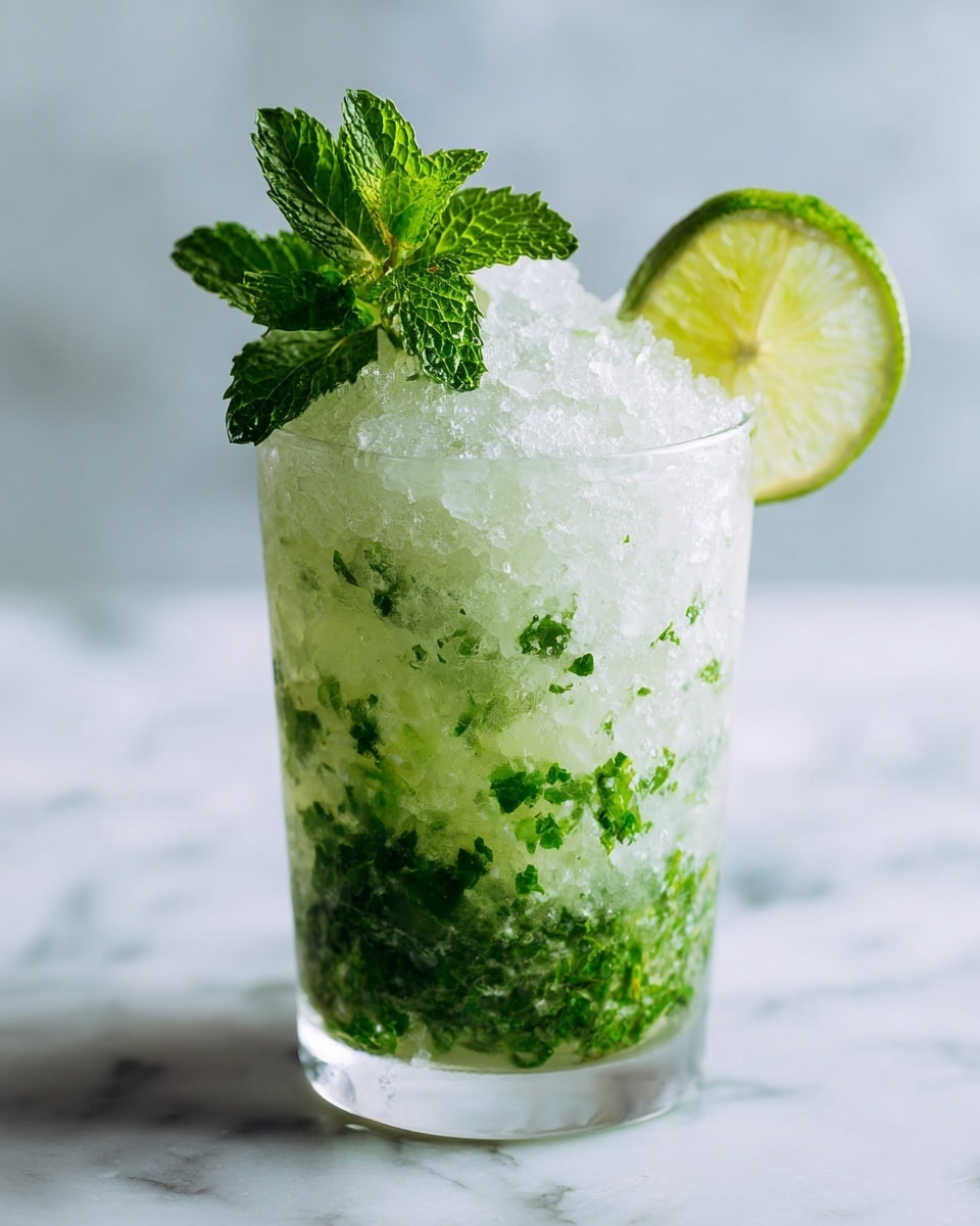 A clear glass jar filled with a light greenish-yellow liquid, with bright green mint leaves floating throughout. Several ice cubes are visible inside the jar, adding a frosted effect. A silver spoon is placed inside, with its handle sticking out from the top. The jar sits on a white marbled surface, giving a clean and fresh look. photo taken with an iphone --ar 4:5 --v 7