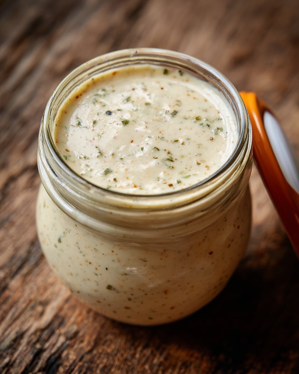 The image shows a clear glass jar filled with a creamy, pale yellow sauce with small black and green specks evenly mixed throughout, giving it a slightly textured look. The sauce fills the jar almost to the top, with a smooth and thick surface. In the background, a white bowl contains a colorful salad with distinct layers including light pink pickled onions, small chunks of white cheese, green herbs, and crumbled pieces of light brown food, slightly blurred to focus attention on the jar. Both items are placed on a dark wooden surface with a white marbled texture showing in the background. photo taken with an iphone --ar 4:5 --v 7