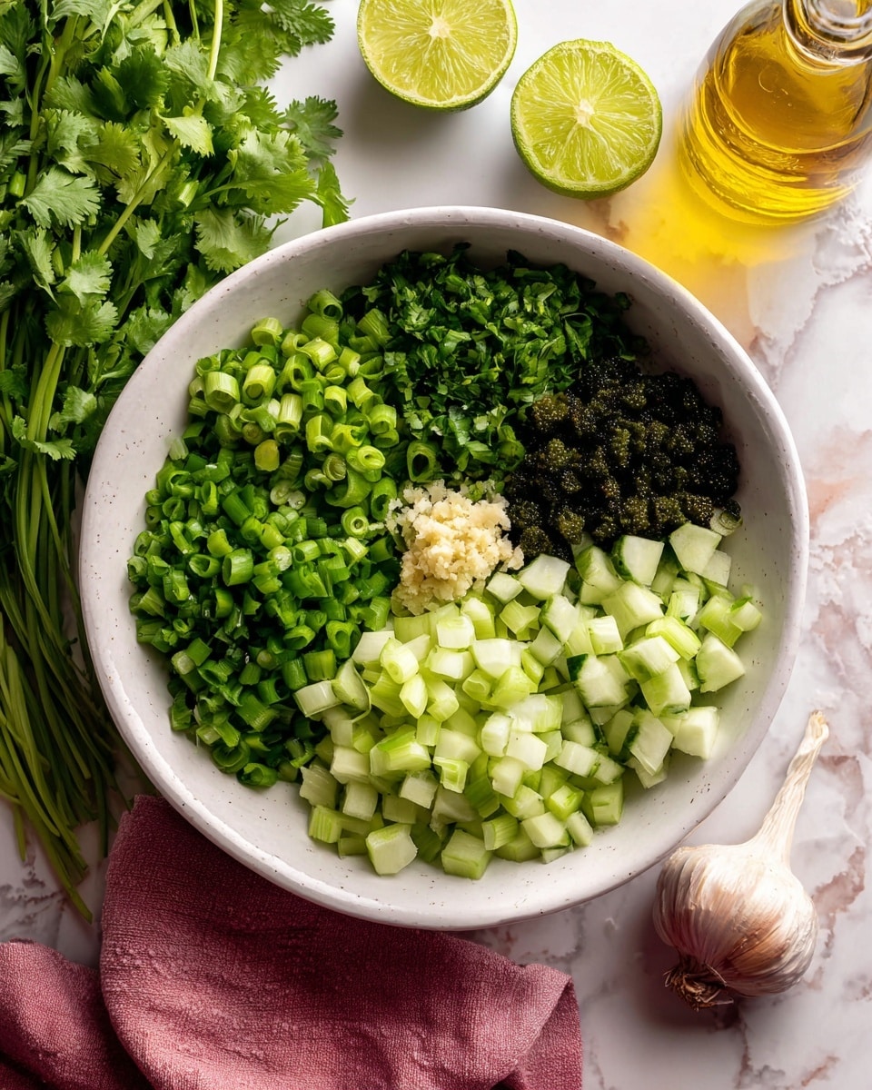 A white bowl sits on a white marbled surface, filled with six different chopped ingredients arranged in sections without mixing: light green diced cucumber on the right, bright green chopped cilantro next to it, finely chopped pale green celery at the bottom, dark green sliced green onions on the left, dark green herbs or capers at the top, and a small mound of minced garlic in the center. Around the bowl, there is a bunch of fresh bright green cilantro on the upper left, three lime halves on the upper right, a clear glass bottle with yellow oil on the top right, and a whole garlic bulb on the bottom right, with a pinkish-brown cloth under the bowl on the left. photo taken with an iphone --ar 4:5 --v 7