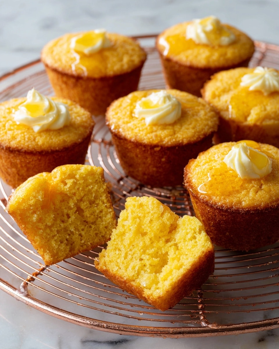 A round copper cooling rack holds nine small golden cornbread muffins. Five muffins are whole with a smooth, lightly browned top, and one of these has a shiny drizzle of syrup over it that pools on the white marbled surface below. Four muffins are split open, showing a soft, yellow inside with creamy butter spread unevenly on top. The texture of the muffins looks slightly crumbly but moist. The background is a white marbled texture. photo taken with an iphone --ar 4:5 --v 7