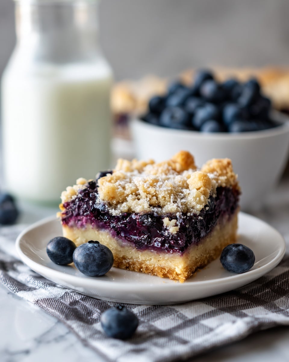 A close-up of a square blueberry crumble bar on a white plate. The bar has three layers: a thick golden crust at the bottom, a middle layer filled with dark purple blueberries, and a light crumbly top sprinkled unevenly. Around the plate are a few fresh whole blueberries scattered on a gray and white checkered cloth. In the background, there is a white bowl full of blueberries and a tall clear glass bottle of milk, all placed on a white marbled surface. photo taken with an iphone --ar 4:5 --v 7