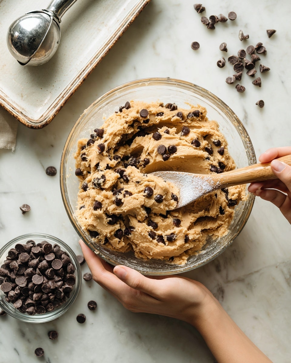 A close-up shows a clear glass bowl filled with thick, light brown cookie dough mixed with dark chocolate chips, held by a woman's hand on the left side; a wooden spoon with a slightly white dusty tip is dipped into the dough from the right side. On the white marbled surface below, scattered dark chocolate chips are visible next to a small clear glass bowl filled with more chocolate chips. In the top left corner, a silver metal ice cream scoop sits on a white tray. The overall scene looks cozy and fresh with natural light. photo taken with an iphone --ar 4:5 --v 7