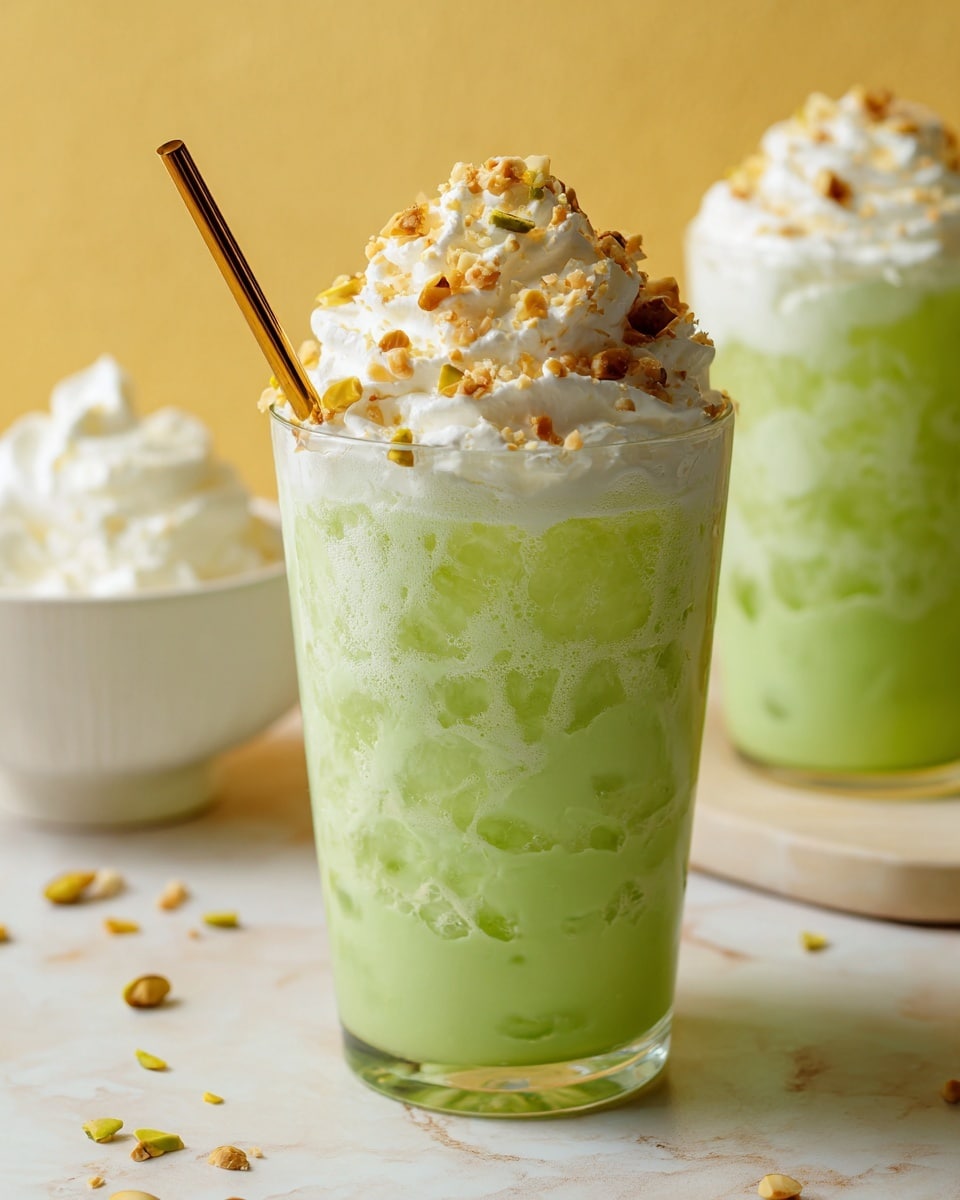 A close-up view of a white bowl filled with a fluffy, light green mousse-like dessert showing soft peaks and swirls. The top is sprinkled with small pieces of chopped pistachios in shades of golden brown and green, adding texture and color contrast. The background is a white marbled surface. Photo taken with an iphone --ar 4:5 --v 7