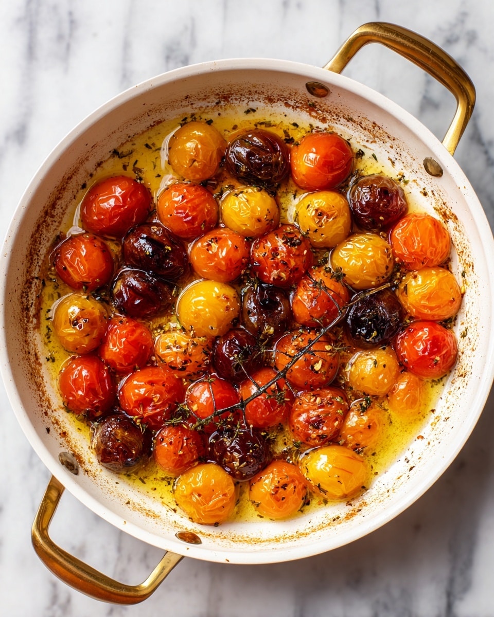 A white pan with golden handle holds a single layer of roasted cherry tomatoes in red, orange, yellow, and dark brown colors. The tomatoes are shiny with soft, wrinkled skin and sit in a pool of golden oil mixed with small dark herbs and spices. Around the edges of the pan, there are browned bits and oil stains. The pan is placed on a surface with a white marbled texture. Photo taken with an iphone --ar 4:5 --v 7