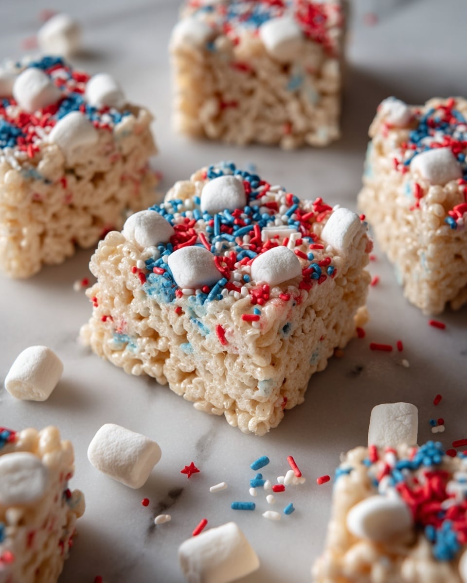 A stack of four square rice crispy treats sits in the center, each layer light golden with visible puffed rice, mixed with small red, blue, and white sprinkles throughout. Around the stack, scattered mini white marshmallows and loose sprinkles rest on a white marbled surface. In the background, more rice crispy treats with similar colors and texture lay slightly blurred. The overall look is bright and colorful with a soft, crunchy texture focus. photo taken with an iphone --ar 4:5 --v 7