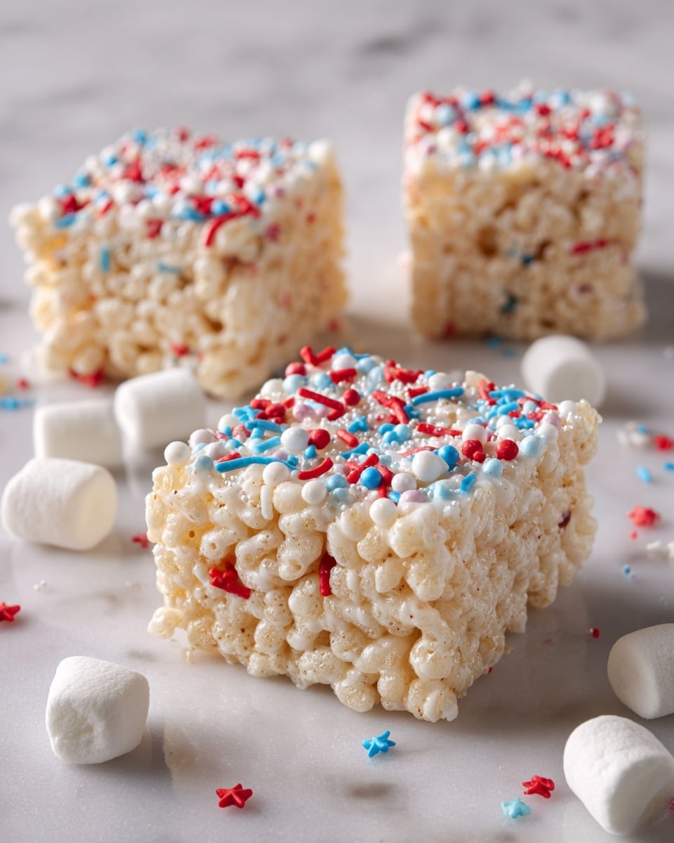 The image shows close-up square pieces of a light beige crispy rice treat with small white marshmallows mixed inside. Each piece is covered with red, blue, and white sprinkles shaped like dots, rods, and stars scattered across the top. The texture of each treat looks soft and sticky with the crispy rice cereal visibly clumped together. The treats are placed on a white marbled surface with a few marshmallows scattered around. photo taken with an iphone --ar 4:5 --v 7