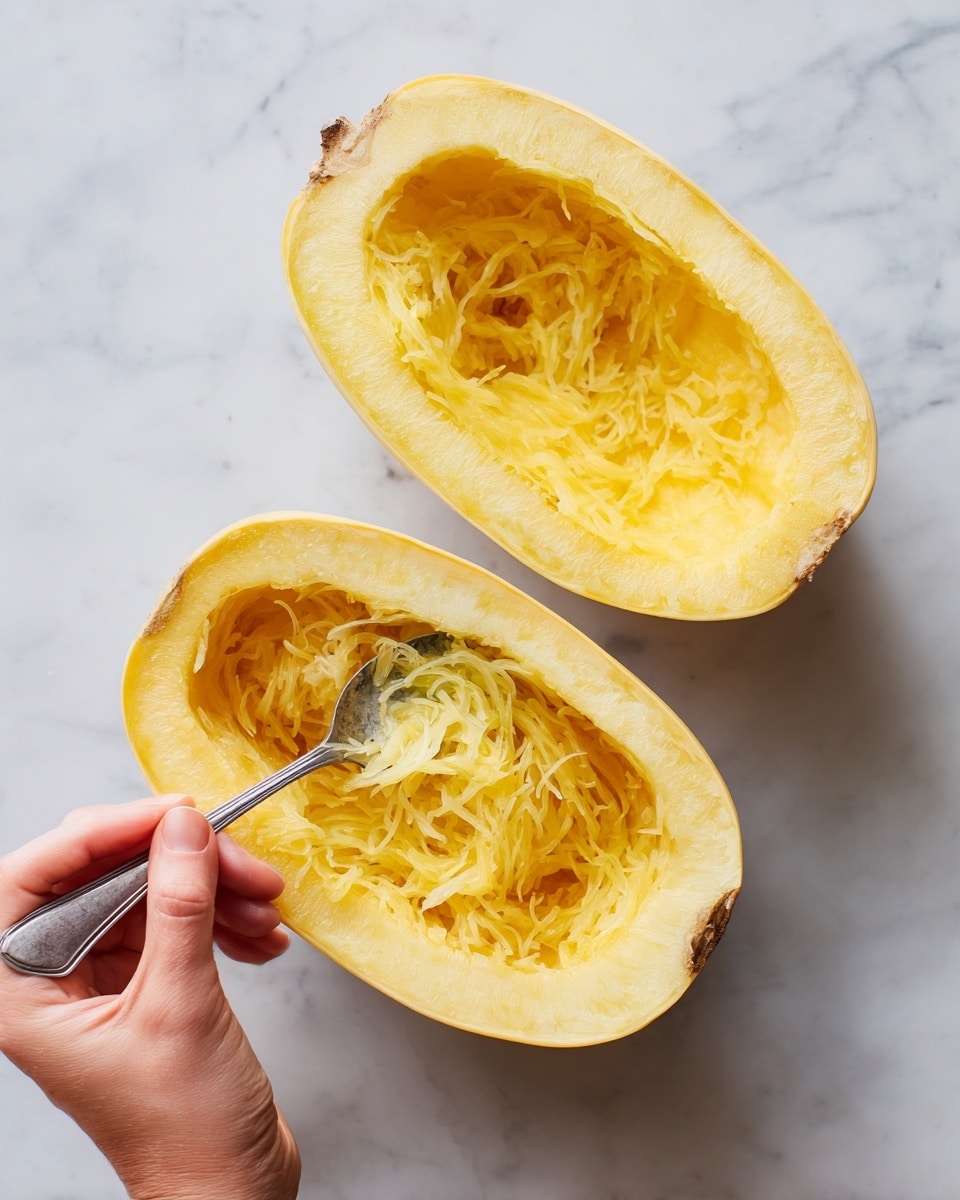 Two halves of a pale yellow spaghetti squash lie on a white marbled surface with a rusty metal edge at the top and bottom. The top half is being scooped inside by a woman's hand holding a silver spoon, revealing the bright yellow stringy flesh and some off-white seeds inside the hollow center. The bottom half shows the empty inside with the fibrous texture clearly visible. The smooth outer skin is pale yellow and the squash's oval shape fits the frame horizontally. photo taken with an iphone --ar 4:5 --v 7
