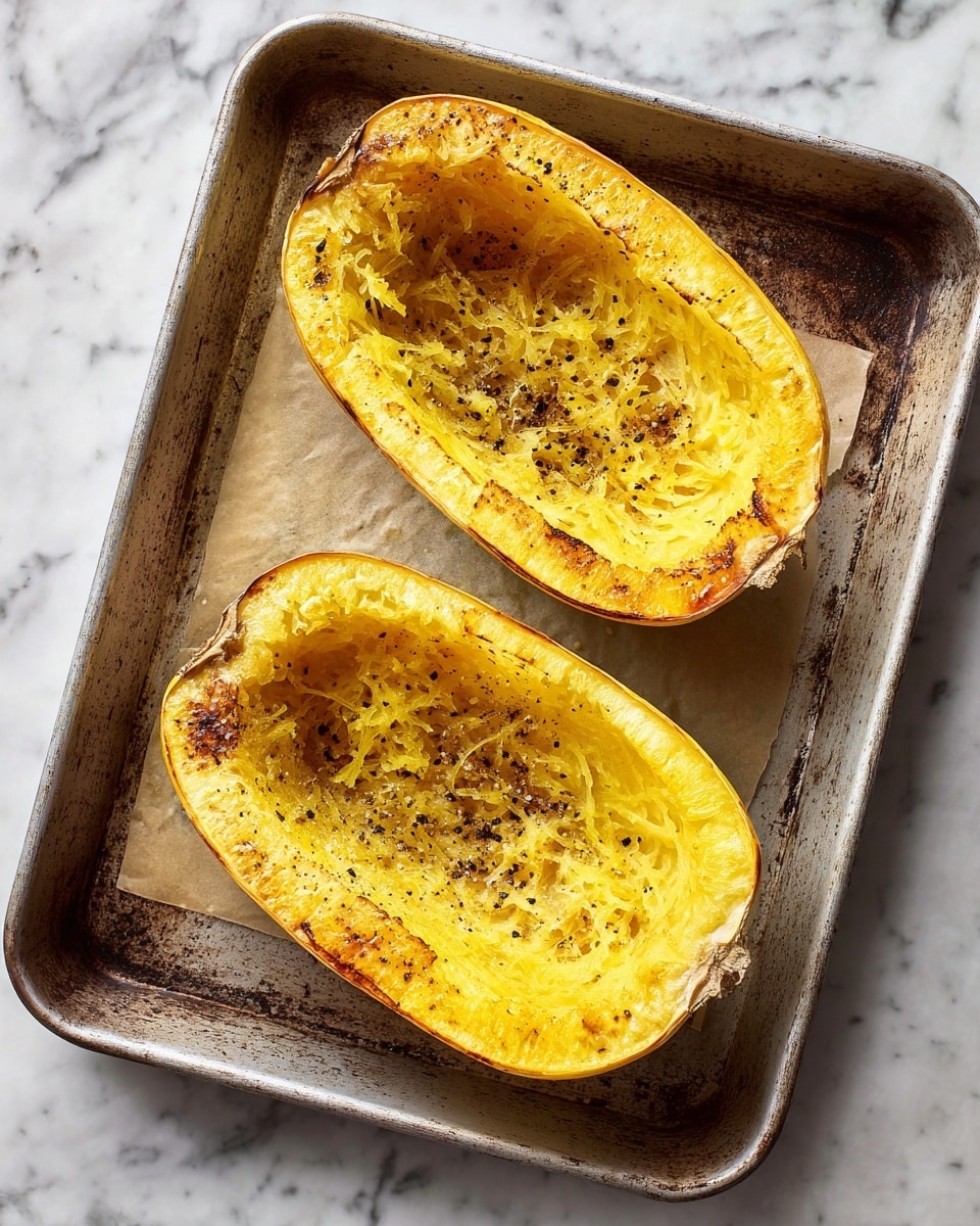 Two halves of roasted spaghetti squash lie open side up on a slightly worn metal baking tray lined with parchment paper. The squash flesh is bright golden yellow with specks of roasted brown around the edges and some scattered black seasoning spots. The tray rests on a surface with a white marbled texture. photo taken with an iphone --ar 4:5 --v 7