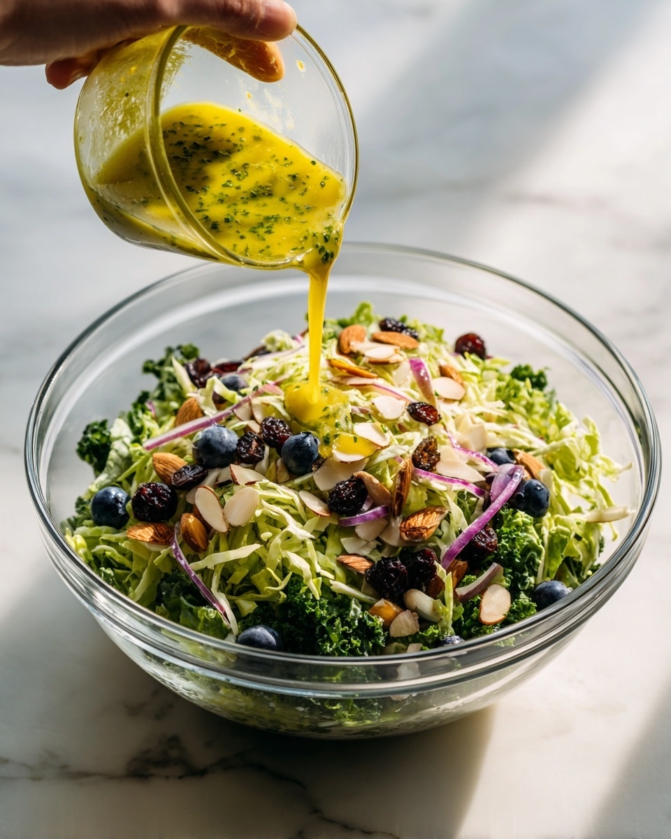 A clear glass bowl filled with a colorful salad sits on a white marbled surface. The salad has multiple layers: shredded light green cabbage and kale, scattering of blueberries, thinly sliced almonds, small golden raisins, and bits of red onion mixed throughout. On top, a woman's hand pours a bright yellow-green dressing with small herb pieces from a small clear container onto the salad. The image shows fresh textures and vibrant colors in natural light. photo taken with an iphone --ar 4:5 --v 7