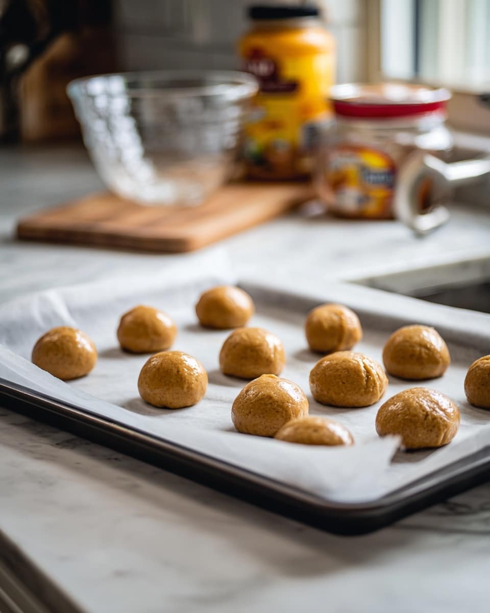 The image shows a baking tray lined with white parchment paper holding 12 round dough balls evenly spaced. The dough balls are light brown and shiny, smooth in texture with a slight gloss. The tray is on a white marbled surface, and blurred kitchen items including a glass cup and a jar with orange-yellow label are in the background. photo taken with an iphone --ar 4:5 --v 7