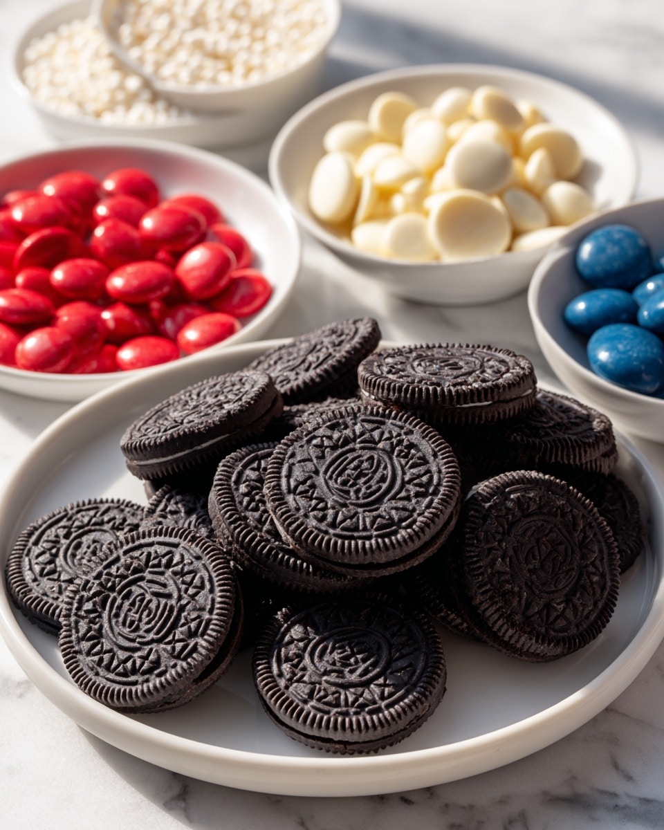 A white plate filled with a pile of dark brown Oreo cookies, each with a detailed pattern on top; next to it are five white bowls arranged in a scattered way on a white marbled surface. The top bowl contains tiny white ball-shaped sprinkles, the second bowl below it is filled with smooth, off-white white chocolate chips, the third bowl holds bright red candy melts that are round and flat, and the fourth bowl contains deep blue candy melts similar in shape to the red ones. All bowls are neatly arranged, showing the colors and textures clearly in soft natural light photo taken with an iphone --ar 4:5 --v 7