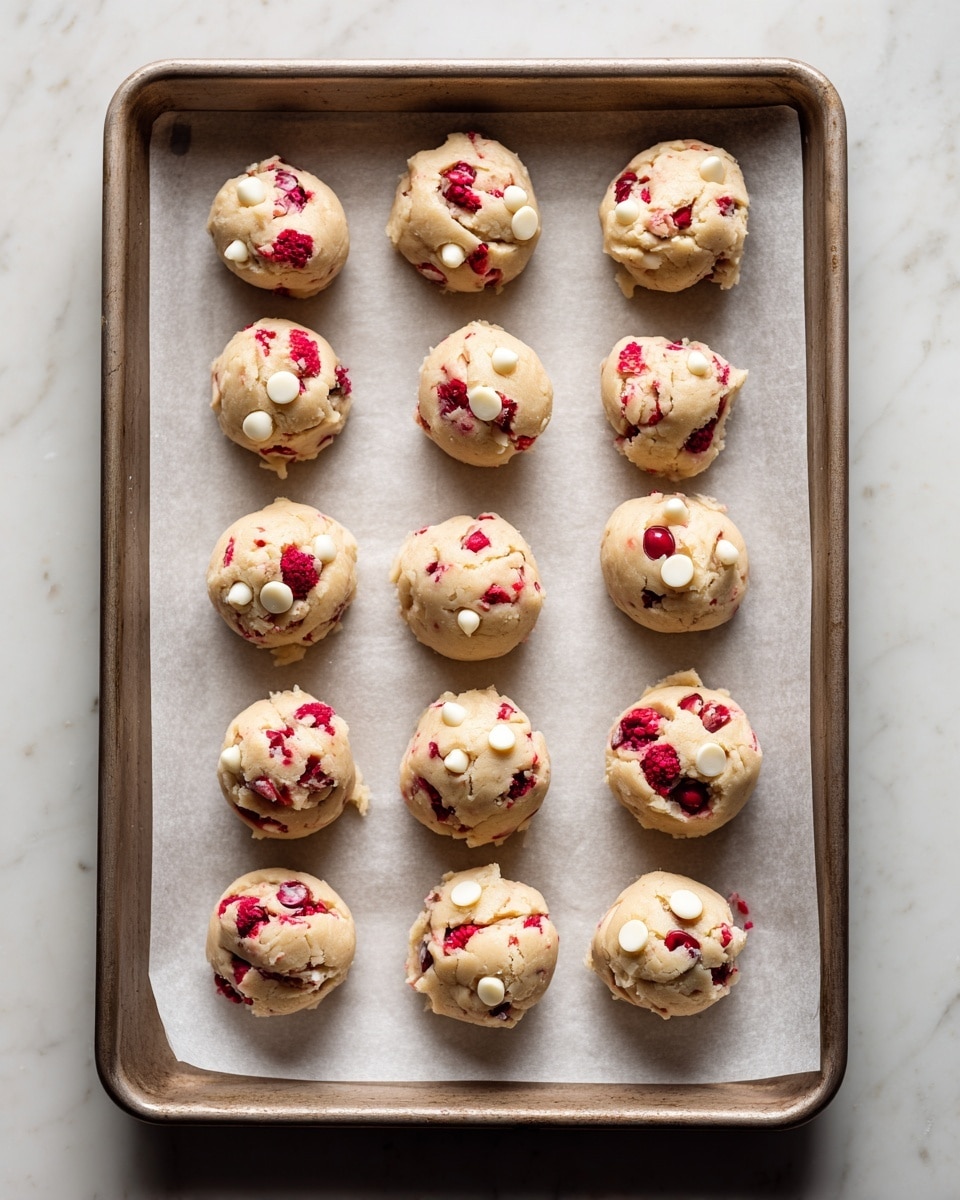 A baking tray lined with white parchment paper holds 15 small round cookie dough balls arranged in three rows of five. Each dough ball is light beige in color with bright red raspberry pieces mixed in and a few white chocolate chips on top. The dough has a slightly rough texture with visible fruit bits, creating a contrast of creamy beige and vibrant red. The tray rests on a surface with a white marbled texture. photo taken with an iphone --ar 4:5 --v 7