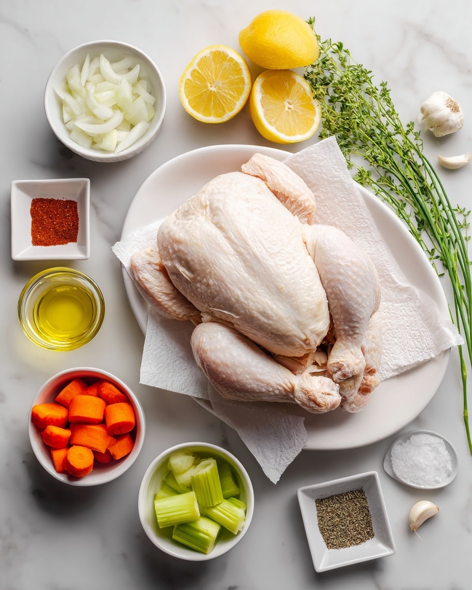 A whole raw chicken lays centered on a white oval plate lined with white paper towels. To the top left, a small bowl holds quartered white onion pieces. Next to it, two lemon halves show bright yellow color and juicy texture. Fresh green herbs with thin stems lie on the upper right side. Below the lemons and herbs, three small white square bowls contain garlic powder, smoked paprika with a deep red color, and onion powder. On the bottom right corner, a small white bowl holds salt and black pepper. At the lower left, a white bowl contains thick carrot chunks in a bright orange color, and below it another white bowl holds green celery pieces. A whole bulb of garlic sits next to the oil small glass bowl with a light yellow liquid. The whole setup rests on a white marbled surface. Photo taken with an iphone --ar 4:5 --v 7