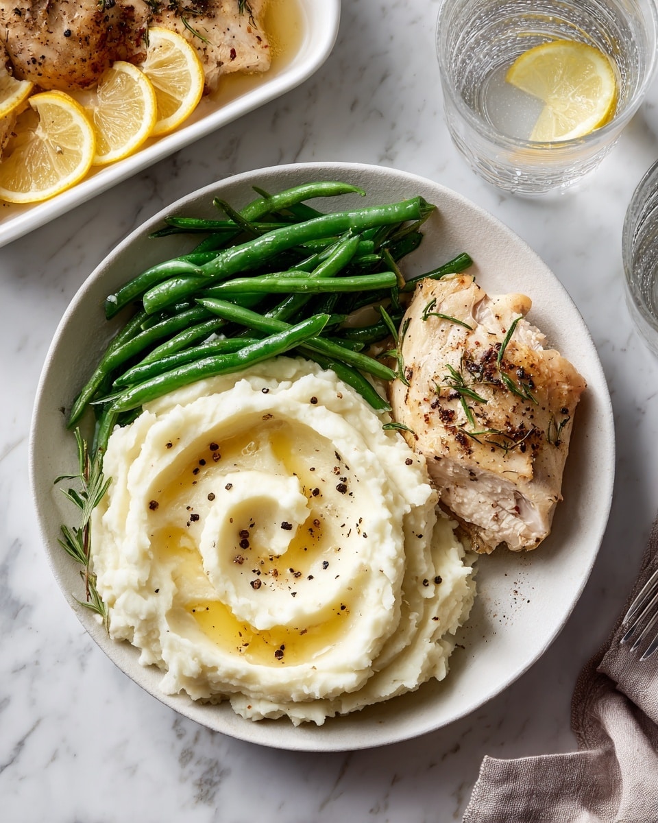 A white plate shows three main layers: at the bottom left, a thick, creamy white mashed potato with smooth, slightly uneven swirls topped with a drizzle of golden butter and black pepper flakes; on the right side, a piece of light golden brown roasted chicken with a slightly crispy skin and some herbs on top; at the top left, a bundle of bright green, steamed green beans with a smooth, shiny texture and a few cracked black pepper flakes. The plate is placed on a white marbled surface, with part of a white rectangular dish holding another piece of chicken and lemon slices in the corner, and a clear glass of water at the top right. Photo taken with an iphone --ar 4:5 --v 7