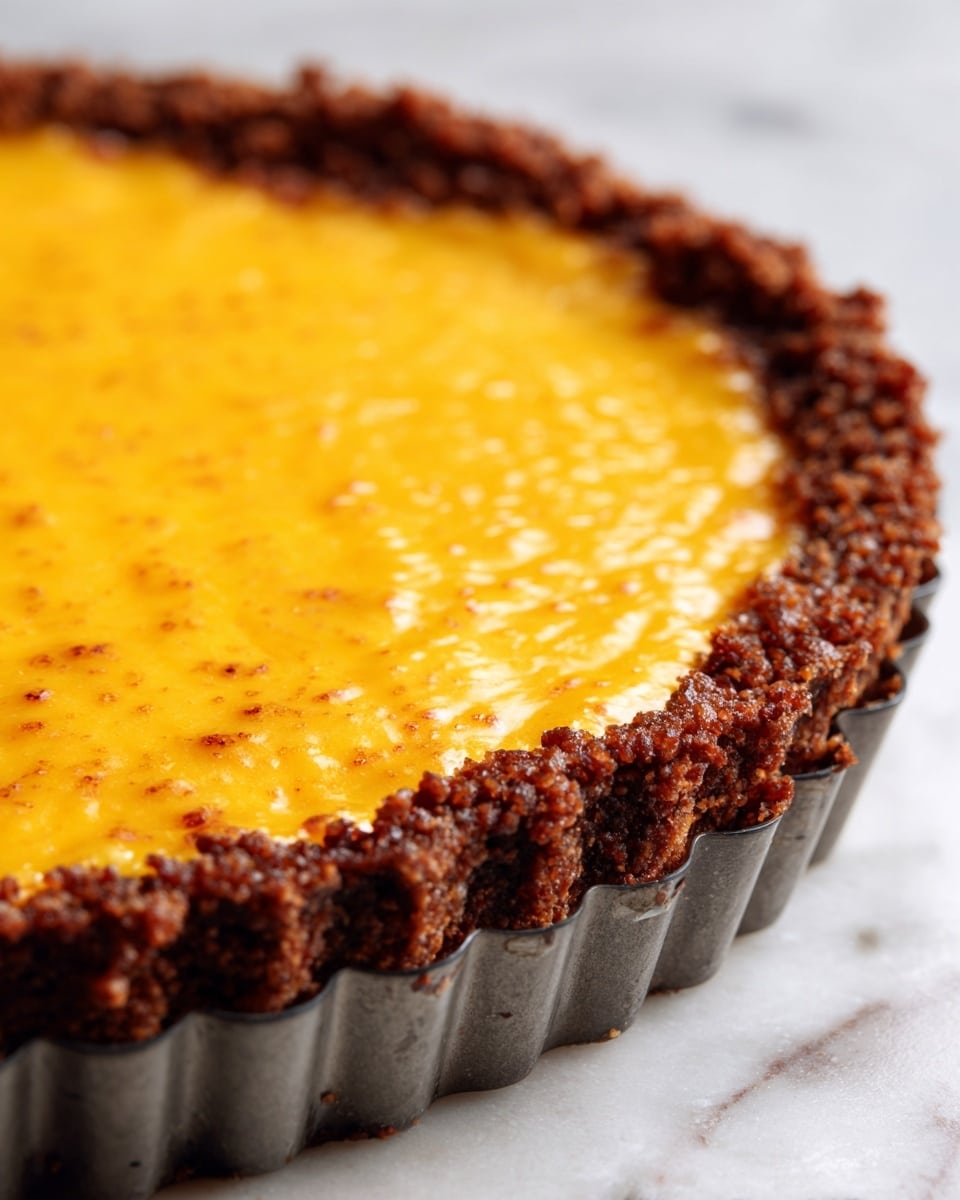 The image shows a close-up of a pie in a metal fluted tart pan on a white marbled surface. The pie has two main layers visible: the bottom layer is a brown, crumbly crust with bits of cooked filling that looks dense and textured, while the top layer is a smooth, bright orange melted cheese that covers the entire surface of the pie, bubbling slightly near the edges. The photo focuses on the edge of the pie, showing the contrast between the crust and cheese layers in detail. Photo taken with an iphone --ar 4:5 --v 7
