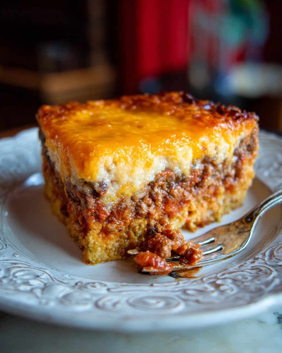 The image shows a slice of deep, layered casserole on a white plate with ornate designs around the edge, resting on a white marbled surface. The bottom layer is a golden brown crust, firm and crumbly. Above the crust is a thick, chunky filling made of red tomato sauce mixed with ground meat and beans, showing a textured, hearty look. The top layer is a smooth, melted orange cheese covering the filling evenly, with a slight glisten. A silver fork with a small piece of the loose filling pierced on it lies on the plate, angled towards the viewer. The background is softly blurred showing muted dark colors with a hint of red. Photo taken with an iphone --ar 4:5 --v 7