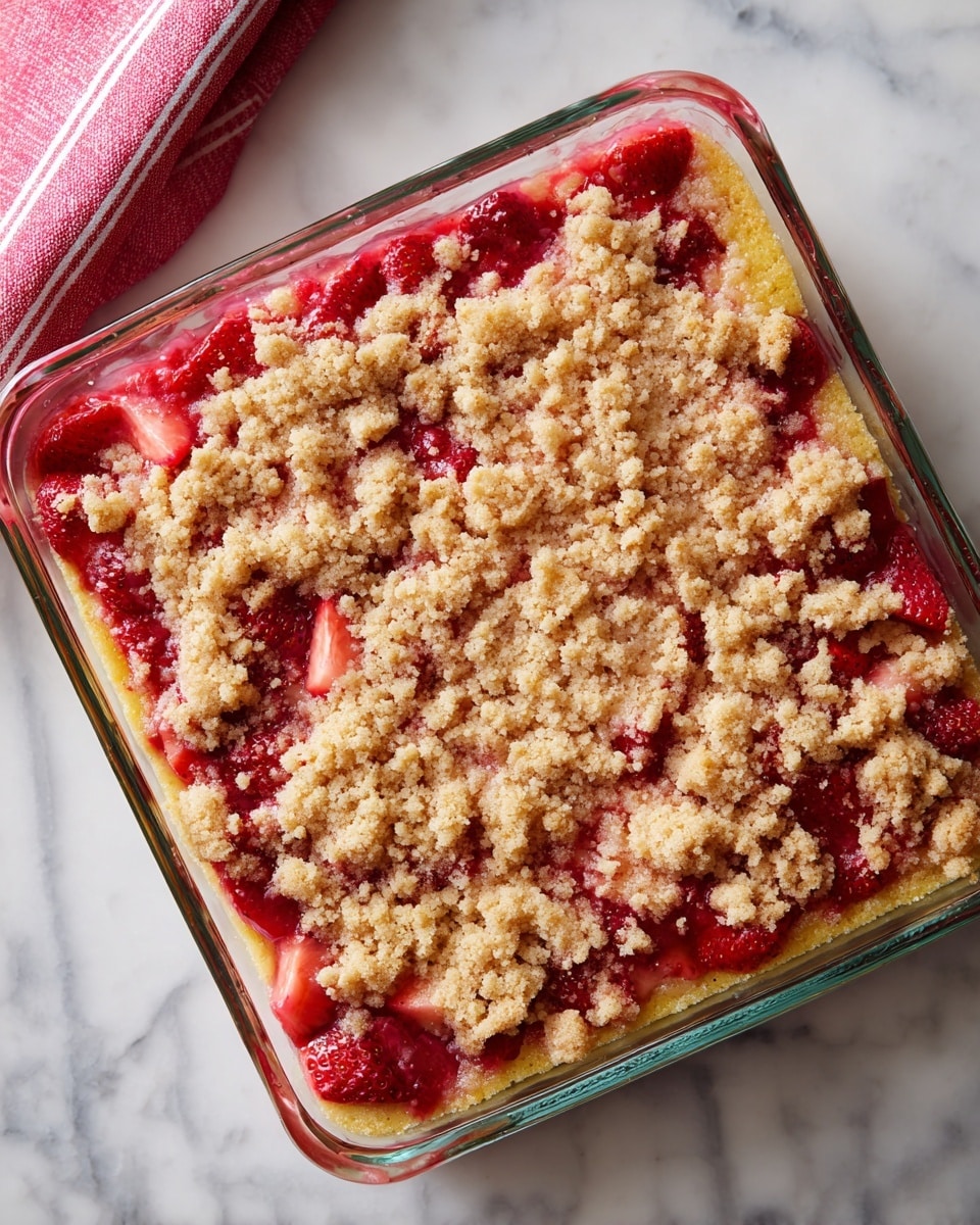The image shows a glass baking dish filled with a strawberry crumb cake. The bottom layer is a golden yellow cake base, topped with a bright red strawberry layer, where pieces of strawberry are visible, embedded in the cake. The top layer is a light beige crumb topping with a crumbly, rough texture, unevenly covering the strawberry and cake layers beneath. The dish is placed on a white marbled surface with a red and white cloth partially visible on the top left corner. photo taken with an iphone --ar 4:5 --v 7