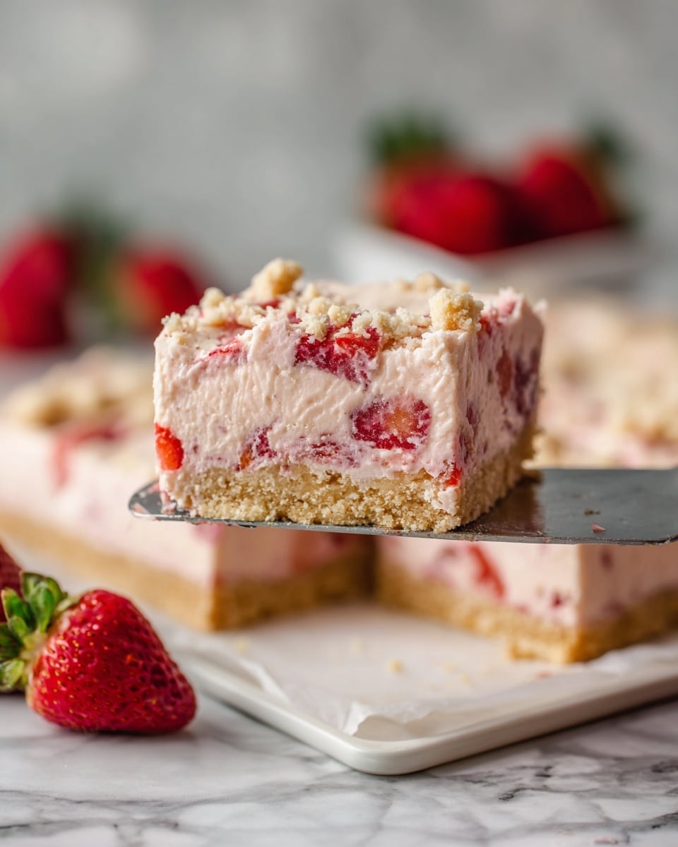 A slice of a creamy, light pink dessert bar with visible chunks of red strawberries, held up on a metal spatula. The dessert has three layers: a golden-brown crumbly base at the bottom, a thick pale pink middle layer studded with strawberry pieces, and a crumbly beige topping with some uneven texture. The rest of the dessert is on a white tray lined with parchment paper on a white marbled surface, and fresh whole strawberries with green leaves are in the background, slightly out of focus. photo taken with an iphone --ar 4:5 --v 7