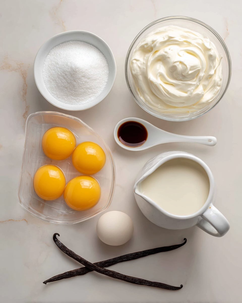 A white marbled surface holds the ingredients for a dessert recipe, including a glass bowl of white cream positioned at the top right, a white small bowl filled with white sugar on the left, and a white ceramic milk pitcher with light cream-colored milk near the bottom right. In the center, a clear plastic container holds six bright yellow egg yolks. To the right of the container, a white ceramic spoon contains dark brown vanilla extract, and below the sugar bowl, one dark brown vanilla bean pod lies directly on the surface. Light-colored cloth is placed at the top left corner. All items are spaced neatly, with handwritten labels on the surface identifying each ingredient. Photo taken with an iphone --ar 4:5 --v 7