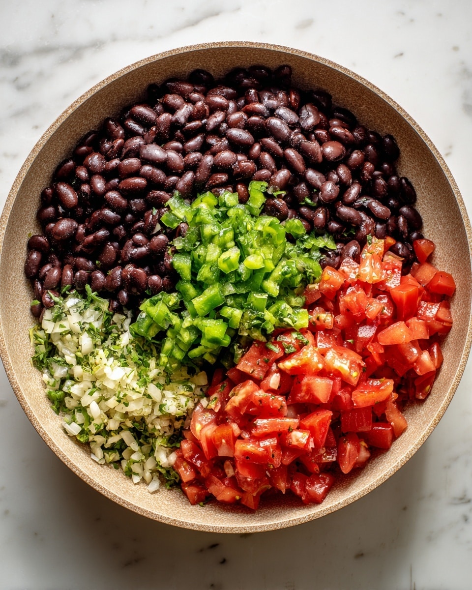 There is a light brown pan sitting on a white marbled surface, filled with several separate piles of ingredients. On the right side, there is a bright red layer of small diced tomatoes. On the left and top sides, there are many dark black beans. Around the beans and tomatoes, there are chopped green peppers and small bits of light chopped onions. In the bottom left section, there are small light green seeds or herbs and tiny minced pieces of garlic. The ingredients are not mixed yet, and each group is clearly visible. Photo taken with an iphone --ar 4:5 --v 7